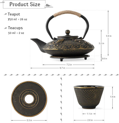Koi Fish Cast Iron Teapot Set Stove Top Tea Kettle with 4 Cups Japanese Style Tea Gift Set, 26 oz with Stainless Steel Infuser
