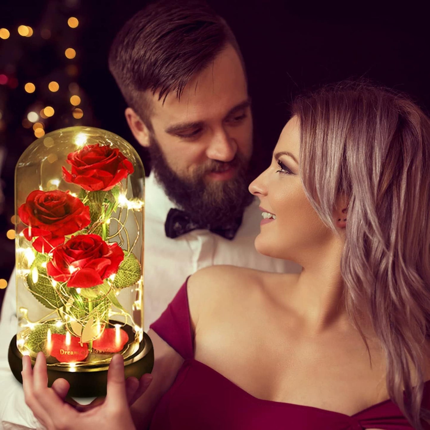 Valentines Day Gifts for Her,Valentines Decor Beauty and The Beast Rose Flowers with 40 LED Lights Rose in Glass Dome,Enchanted Rose Valentines Flowers Birthday Gifts for Women Girlfriend Mom Wife