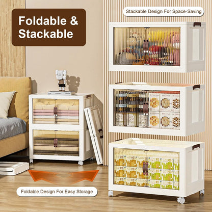3Pcs Foldable Storage Bins with Lid Front Magnetic Door Collapsible Stackable Closet Organizer Containers with 4Pcs 360° Rotatable Wheels 8Pcs Small Wheels