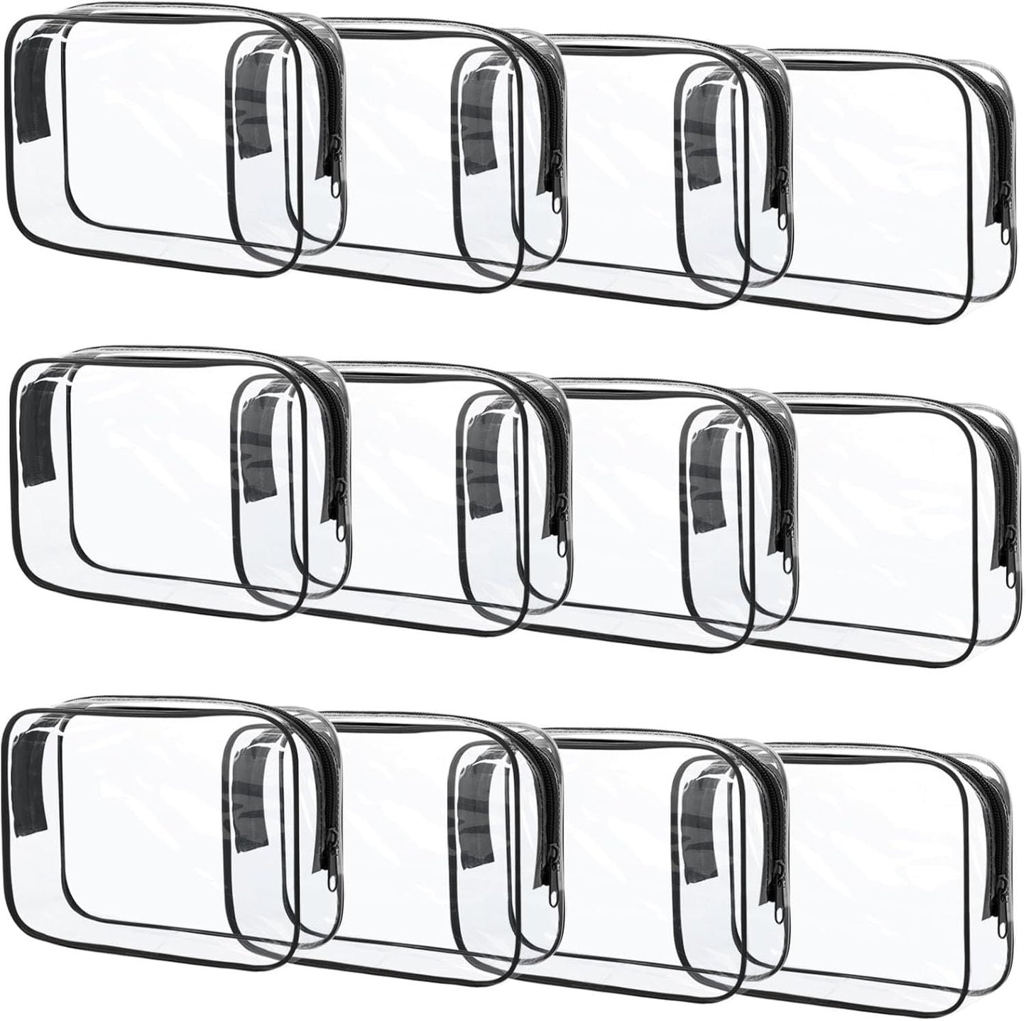 12 Pcs Clear Toiletry Bag PVC Waterproof Zippered PVC Cosmetic Makeup Carry Pouch TSA Approved Toiletry Bag for Travel Clear Organizer Storage Bags (Medium, Black)