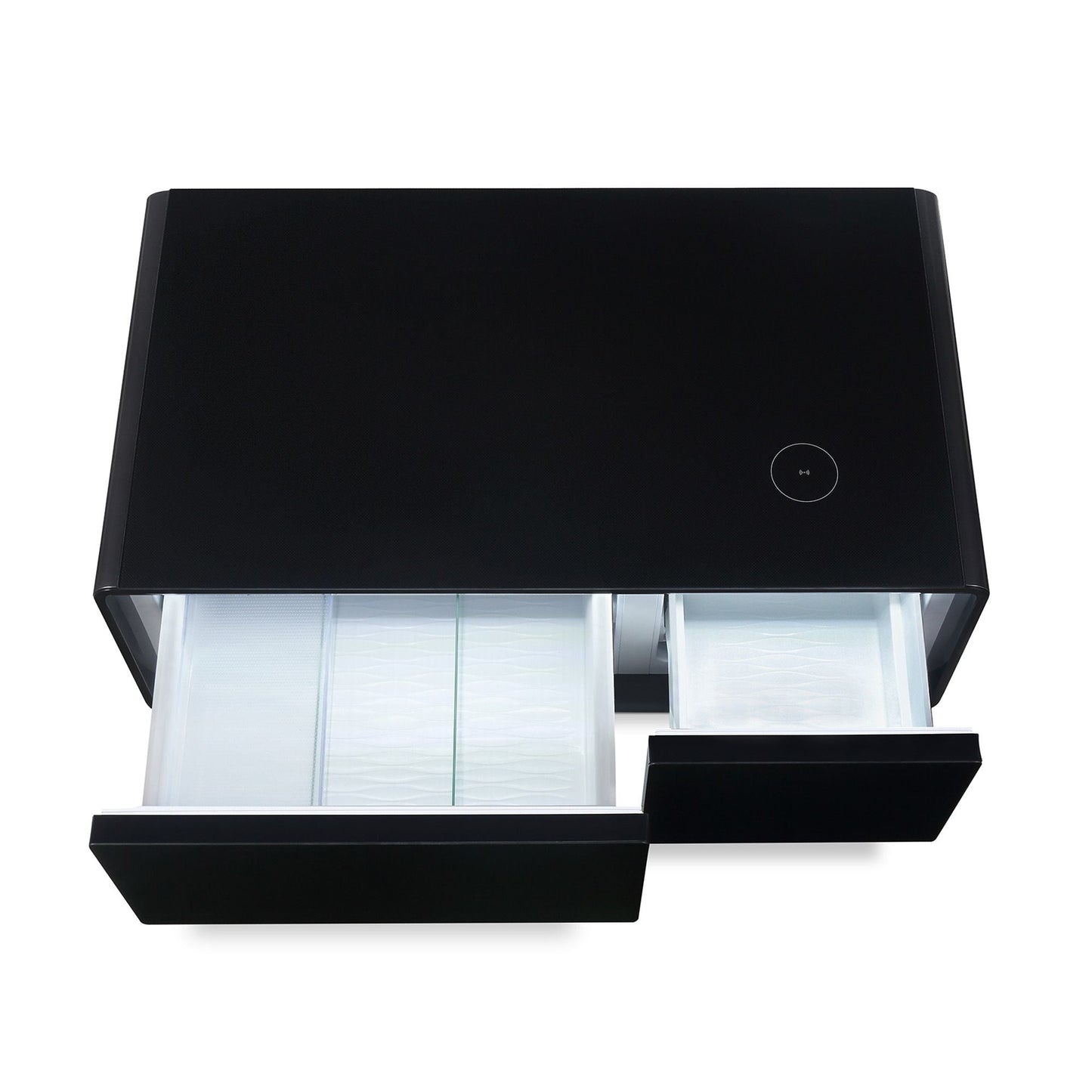Modern Smart mini Coffee Table with Built in Fridge;  Outlet protection; Wireless charging module; Mechanical temperature control; Power socket; USB interface And power interface.