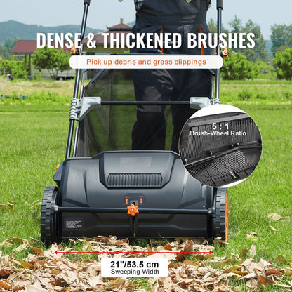 Push Lawn Sweeper, 21inch Leaf & Grass Collector, Strong Plastic Wheels & Heavy Duty Thickened Steel Durable to Use with Large Capacity 3.5 cu. ft. Mesh Collection Hopper Bag, 2 Spinning Brushes