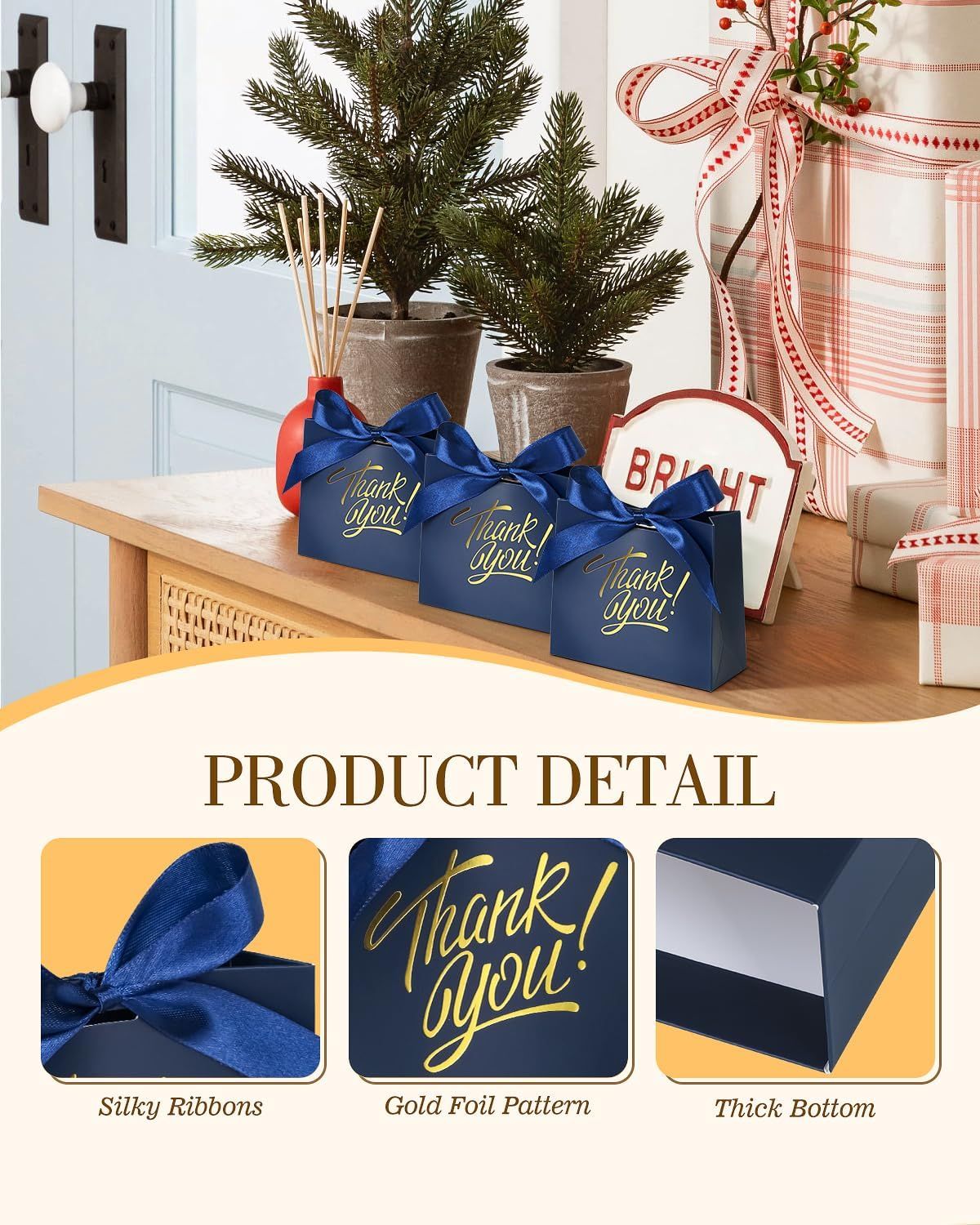 Small Gift Bags, 25 Pack 4.5x1.8x3.9 Inches Thank You Bags Navy Blue Kraft Paper Gift Bag with Bow Ribbon, Small Candy Bags for Birthday Wedding Baby Shower