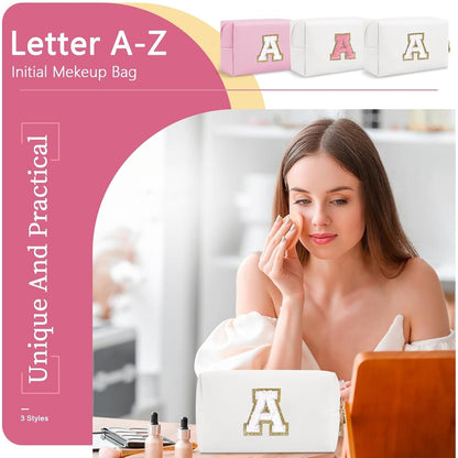 Small Personalized Initial A-Z Preppy Patch Makeup Bag,White PU Chenille Letter Travel Cosmetic Pouch with Zipper,Cute Toiletry Bag,Gift Ideal for Teen Girls Women Teacher Bridesmaid,Letter A