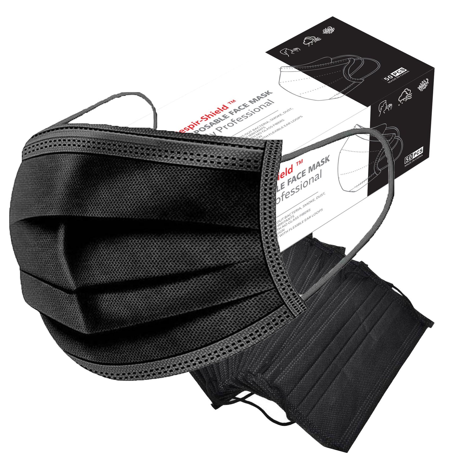 Respir-Shield™ 150PCS - 3 PLY Black Non-Medical Disposable Face Masks;  Comfortable Elastic Ear loops Face Masks;  Breathable for Daily Protection Air Pollution;  Dust-proof