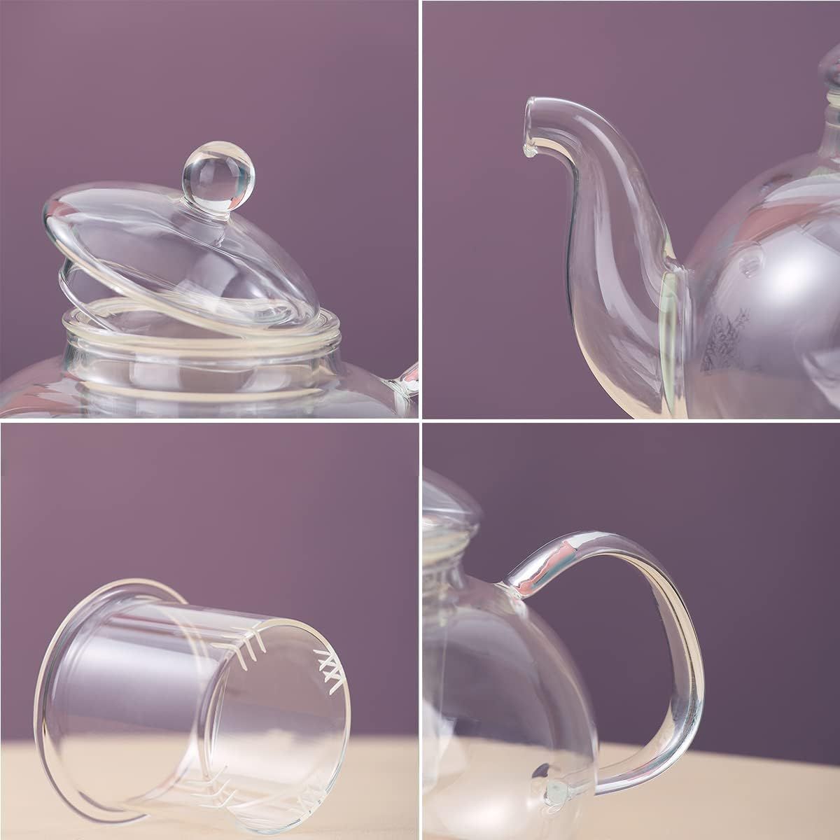 Glass Tea Pot with 4 Tea Cups, Removable Infuser, Blooming and Loose Leaf Tea Maker and Teacups Set, Stovetop Microwave Safe Tea Kettle