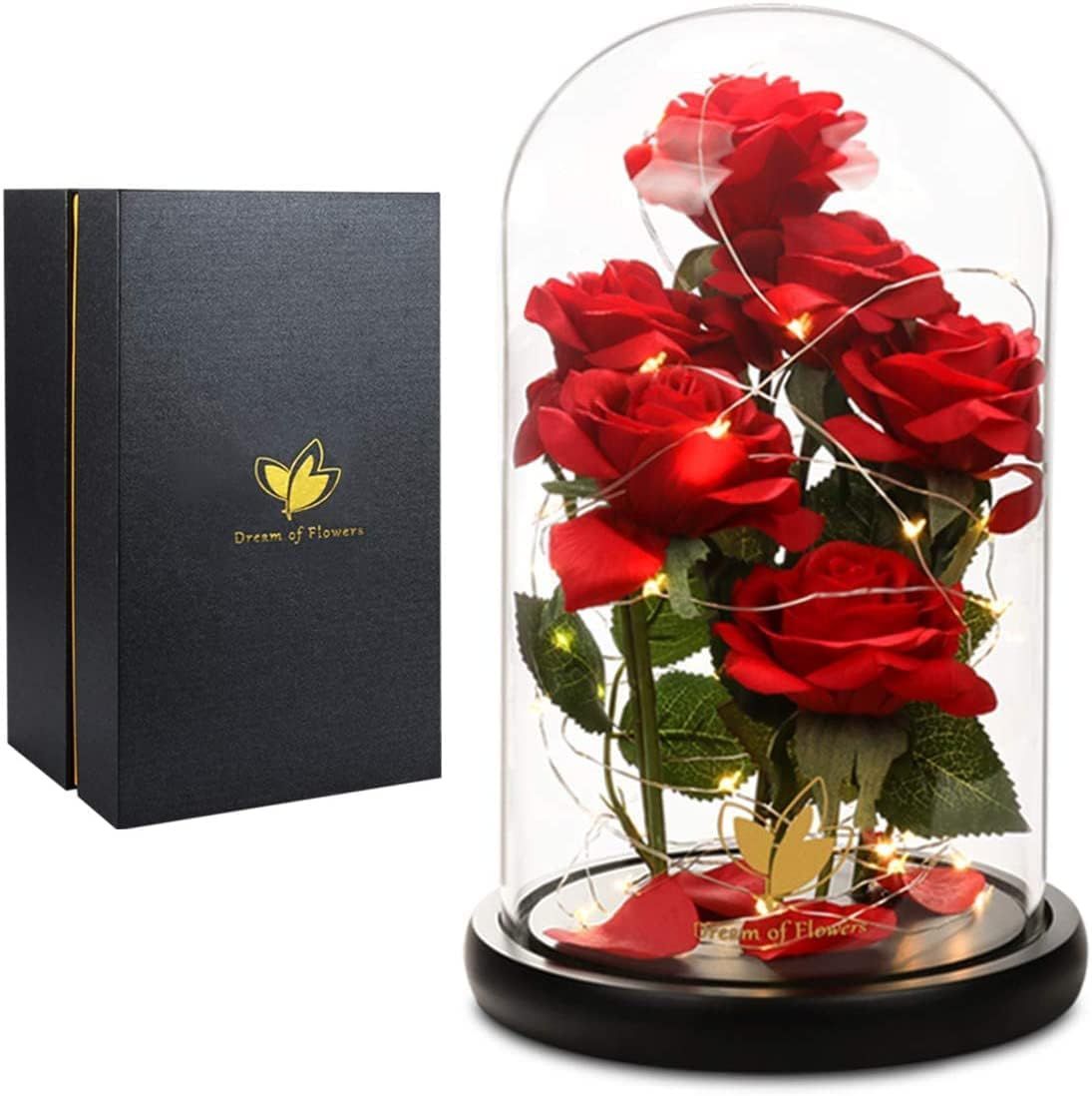 Valentines Day Gifts for Her,Valentines Decor Beauty and The Beast Rose Flowers with 40 LED Lights Rose in Glass Dome,Enchanted Rose Valentines Flowers Birthday Gifts for Women Girlfriend Mom Wife