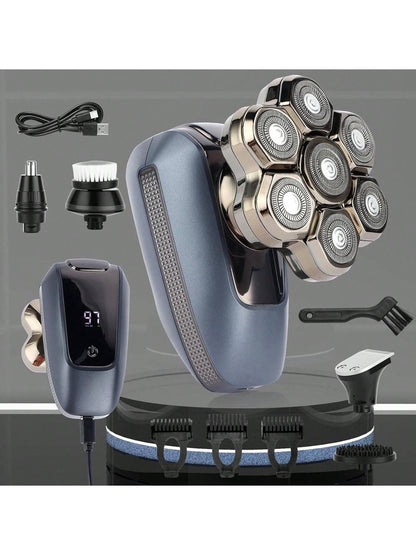 Head Shaver for Bald Men, 7D Electric Rotary Razor 5-in-1 Grooming Kit with Nose Hair Trimmer, Sideburn Clipper & Facial Brush, USB Rechargeable Wet & Dry IPX6 Waterproof Shaver with LED Display