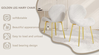 Modern minimalist white teddy velvet Dining Chairs Set of 2 with sturdy gold metal legs and comfortable backrest design, suitable for restaurants, kitchens, and offices.