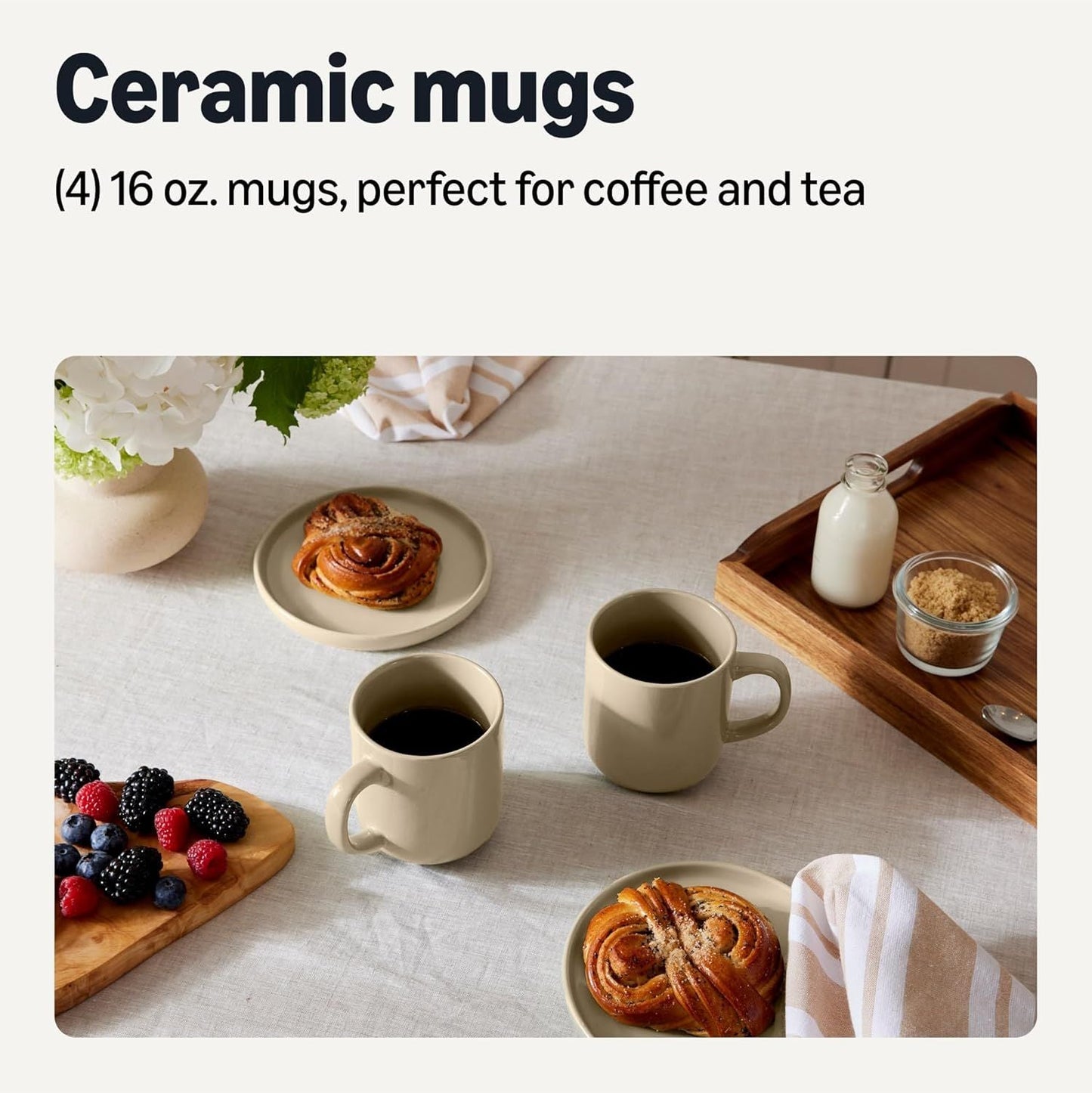Basics Ceramic Coffee Mugs, Ceramic 4-Piece Set, 16 oz, Microwave and Dishwasher-Safe, Linen Gray