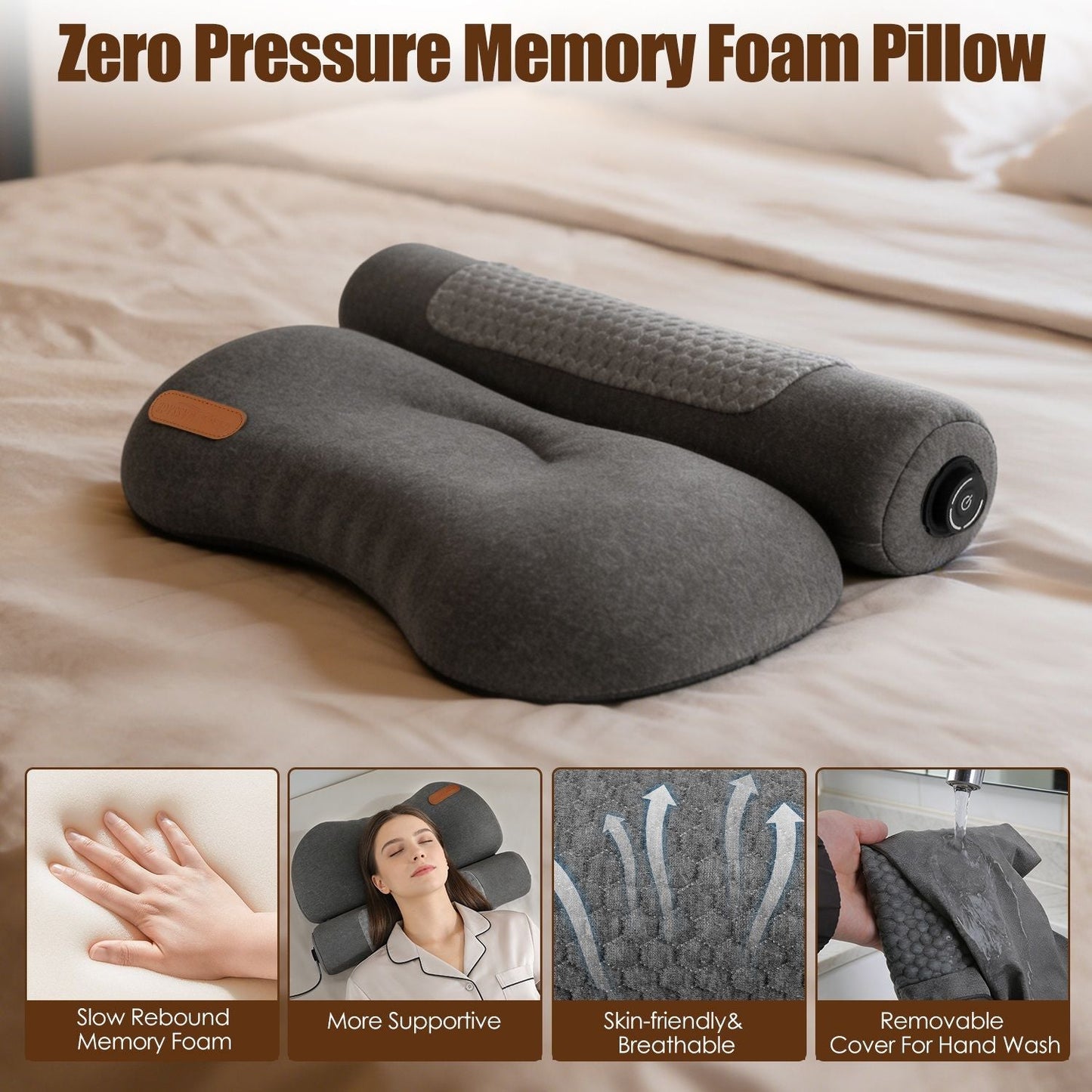USB Heated Neck Pillow Zero Pressure Memory Foam Cervical Neck Pillow Heated Bed Pillow with Eye Mask Adapter for Pain Relief