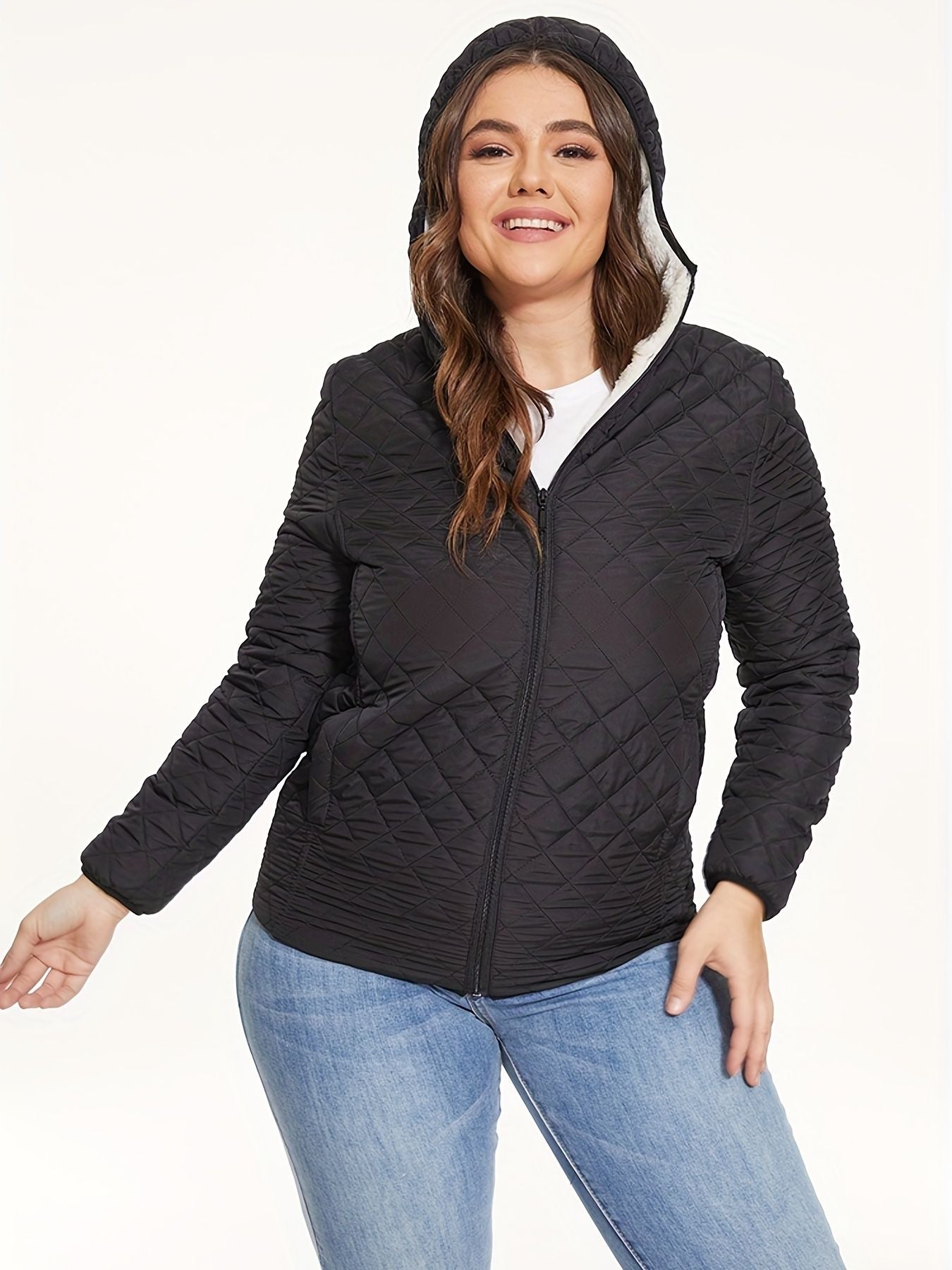 Slant Pockets Thermal Hooded Jacket, Casual Solid Long Sleeve Jacket For Fall & Winter, Women's Clothing