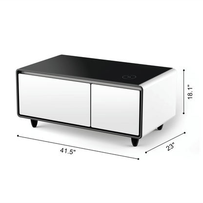 Modern Smart mini Coffee Table with Built in Fridge;  Outlet protection; Wireless charging module; Mechanical temperature control; Power socket; USB interface And power interface.