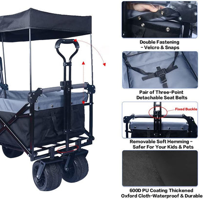 Collapsible Wagon Heavy Duty Folding Wagon Cart with Removable Canopy, 4" Wide Large All Terrain Wheels, Brake, Adjustable Handles,Cooler Bag Utility Carts for Outdoor Garden Beach