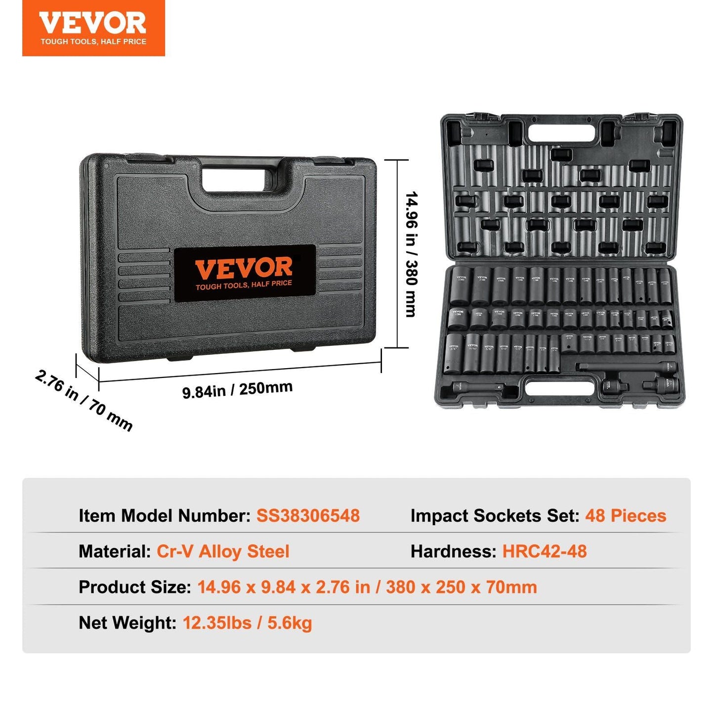 VEVOR 3/8" Drive Impact Socket Set, 48 Piece Socket Set SAE (5/16" -3/4") & Metric (8-22mm)6 Point Cr-V Drive Extension Bar Universal Joint & Power Drill Adapter Includes Storage Case
