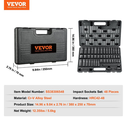 VEVOR 3/8" Drive Impact Socket Set, 48 Piece Socket Set SAE (5/16" -3/4") & Metric (8-22mm)6 Point Cr-V Drive Extension Bar Universal Joint & Power Drill Adapter Includes Storage Case