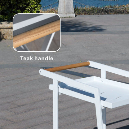 Aluminum White Indoor/Outdoor Patio Serving Dual-layer Cart with Teak Handle