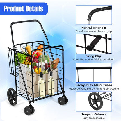 Folding Shopping Cart with Swiveling Wheels and Dual Storage Baskets