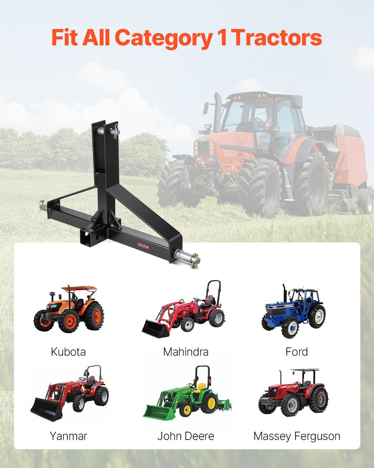 VEVOR 3 Point Trailer Hitch with 2 in Receiver, 3pt Quick Hitch Attachment for Category 1 Tractor, 3000lbs Capacity, Tow Drawbar Adapter, Compatible with Kubota, Mahindra, Ford, Yanmar, John Deere