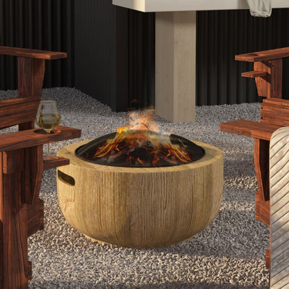 Outdoor Fire Pit, 24 Inch Metal Wood Burning Fireplace with Spark Cover, Poker, Woodgrain Design for Patio, Picnic, Backyard, Light Brown