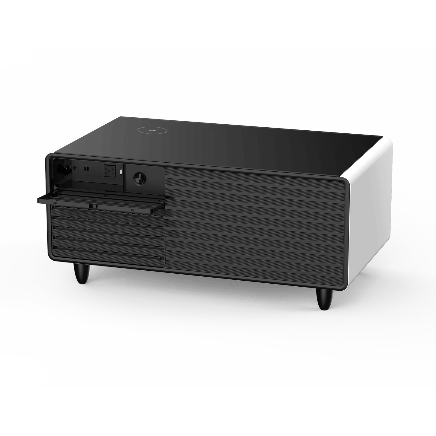 Modern Smart mini Coffee Table with Built in Fridge;  Outlet protection; Wireless charging module; Mechanical temperature control; Power socket; USB interface And power interface.