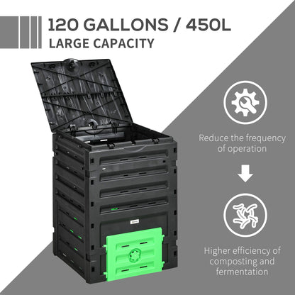 Compost Bin, Garden Composter with 80 Vents and 2 Sliding Doors, 120 Gallon (450L), Black