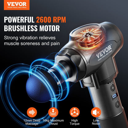 VEVOR Deep Tissue Massage Gun with 9 Speeds & 6 Heads - Handheld Percussion Massager for Muscle Pain Relief & Relaxation