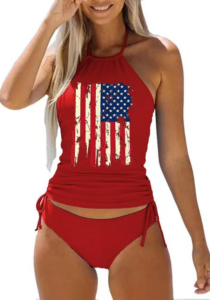 Women's two-piece tankini swimsuits cover the belly and show off their slimness