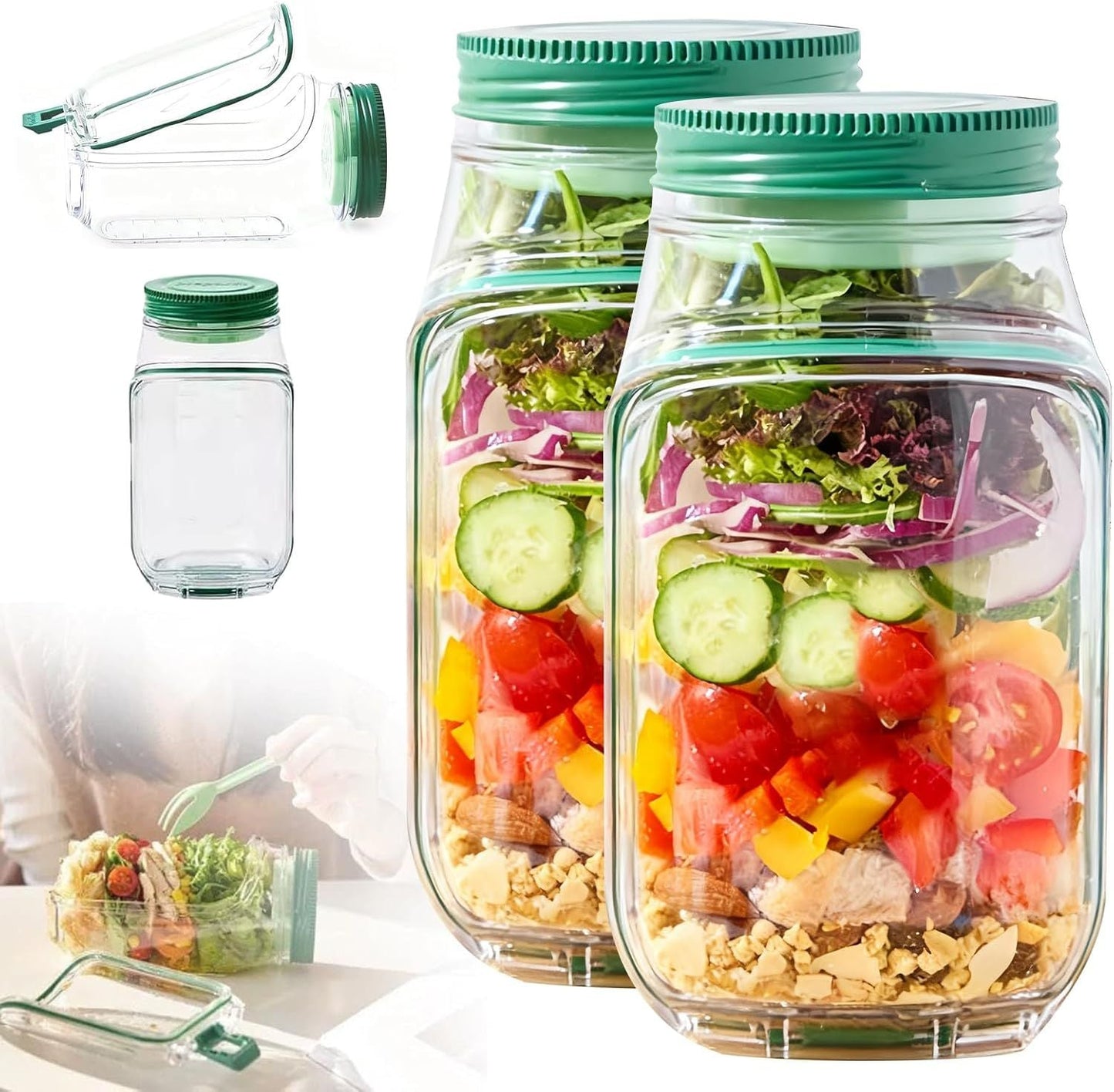 Salad Container with Side Opening, Leak-Resistant Design with Dressing Cup & Lid, Dishwasher & Freezer Safe for Office, Travel & Outdoors (green)
