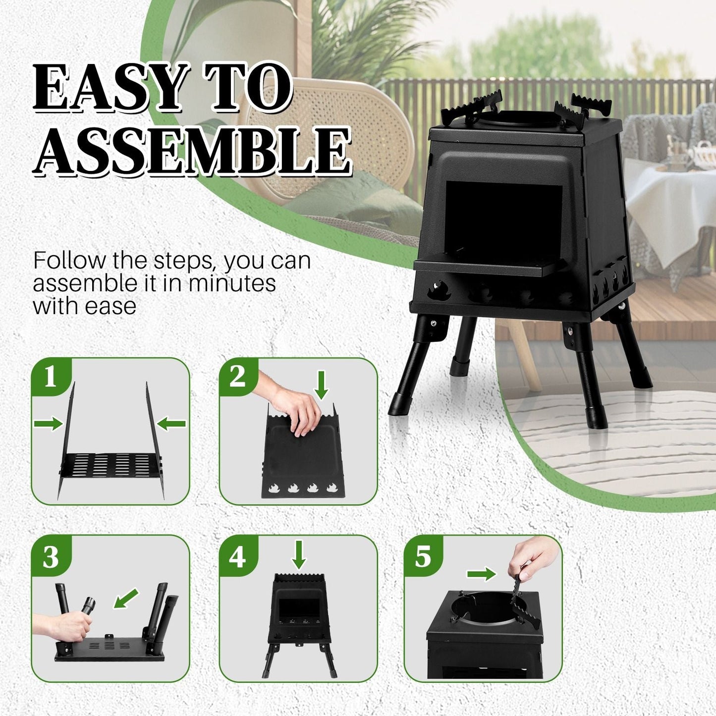 Portable Camping Stove with Detachable Iron Panels Black 27x27x34cm Lightweight Foldable Outdoor Wood Burning Fire Pit for Picnic BBQ Hiking Backpacking Compact Campfire Cooking Heater