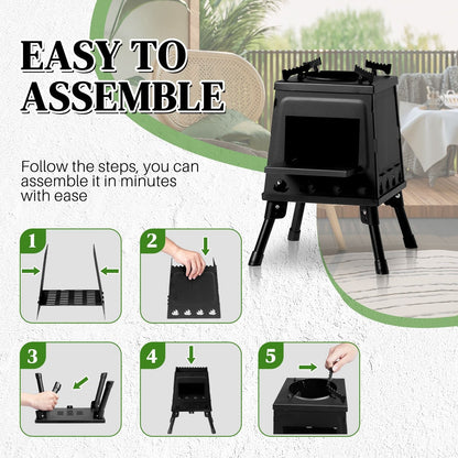 Portable Camping Stove with Detachable Iron Panels Black 27x27x34cm Lightweight Foldable Outdoor Wood Burning Fire Pit for Picnic BBQ Hiking Backpacking Compact Campfire Cooking Heater