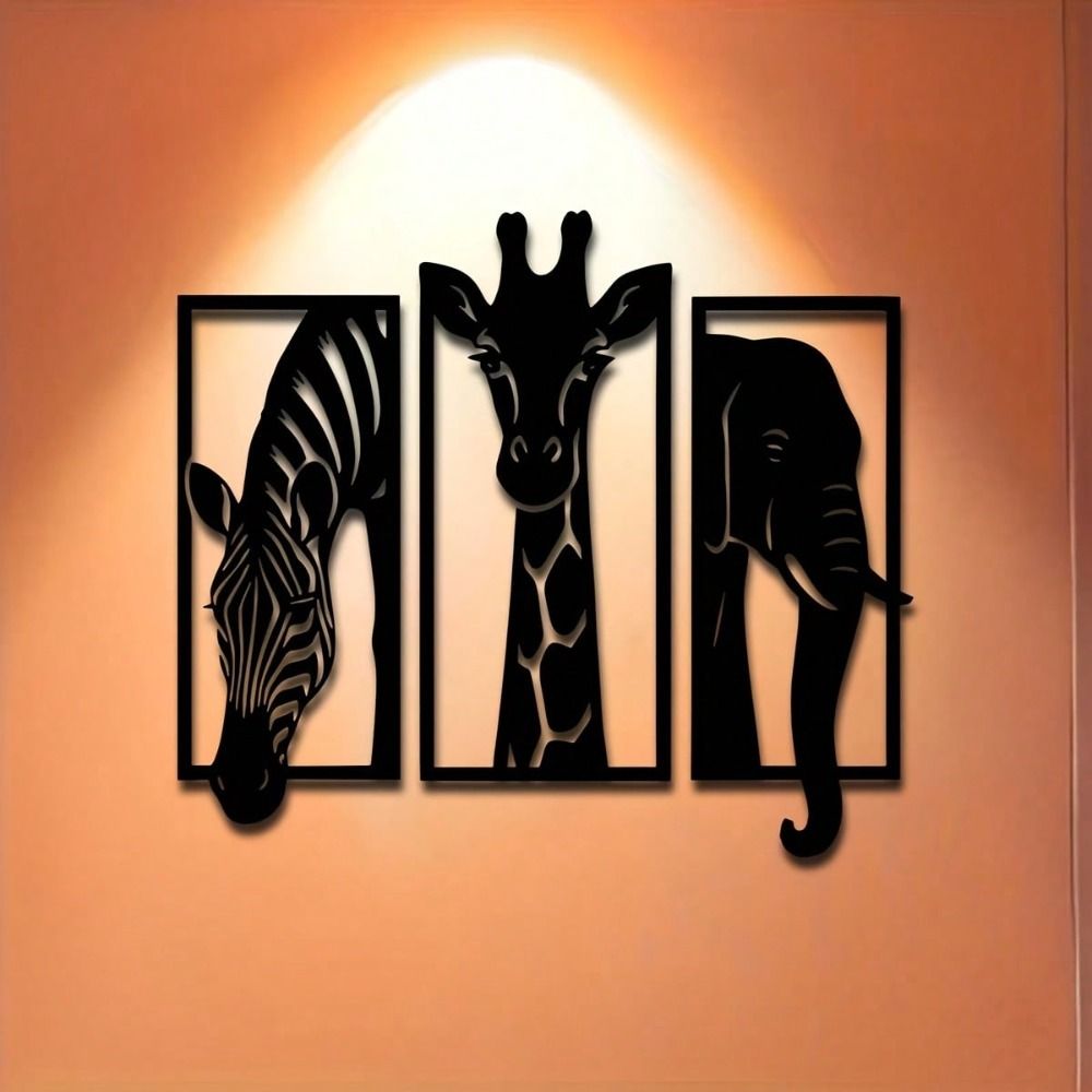 CIFbuy Metal Baked Paint African Animal 3-Piece Wall Art Set Zebra Giraffe Elephant Home Decor (TikTok, temu pickup)