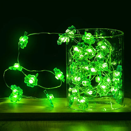 1 Set Of St Patrick's Day String Lights, Four-Leaf Clover Light String Shamrock Irish Fairy LED Light 10 Feet 40 Green Color LEDs Battery Operated With 8 Flashing