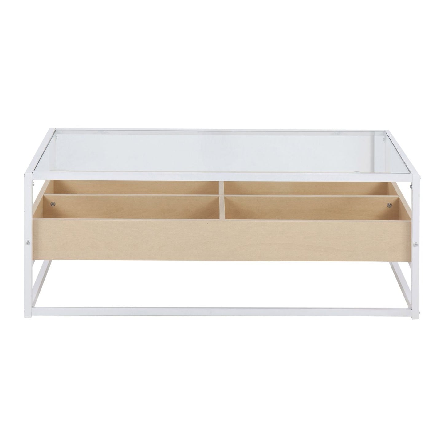 Display Contemporary Coffee Table in White Metal, Natural Wood, and Clear Glass by