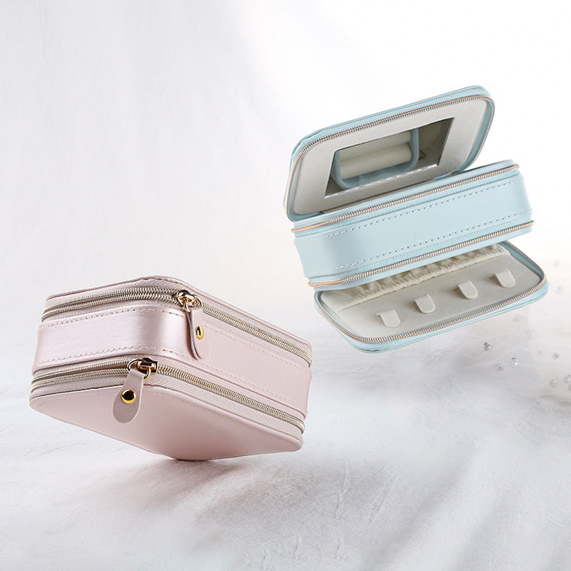 Jewelry Case with Double Zippers and Built-in Mirror Small Size PU Leather for Women and Girls Rings Earrings Necklace Organizer Jewelry Storage Box