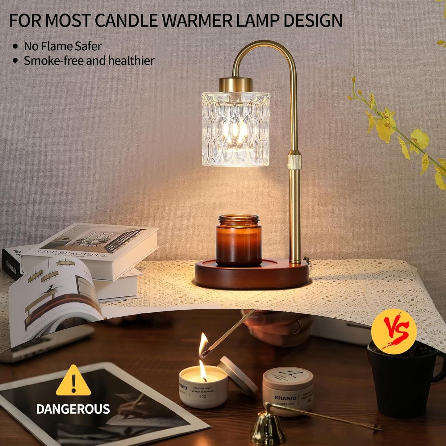 Candle Warmer Lamp with Dimmer and Timer,Home Decor Lamp for Scented Jar,Antique Brass Electric Wax Melt Warmer,Mother's Day/Birthday/Christmas Gifts for Mom/Wife,Adjustable Height,with 2 BulbsCandle