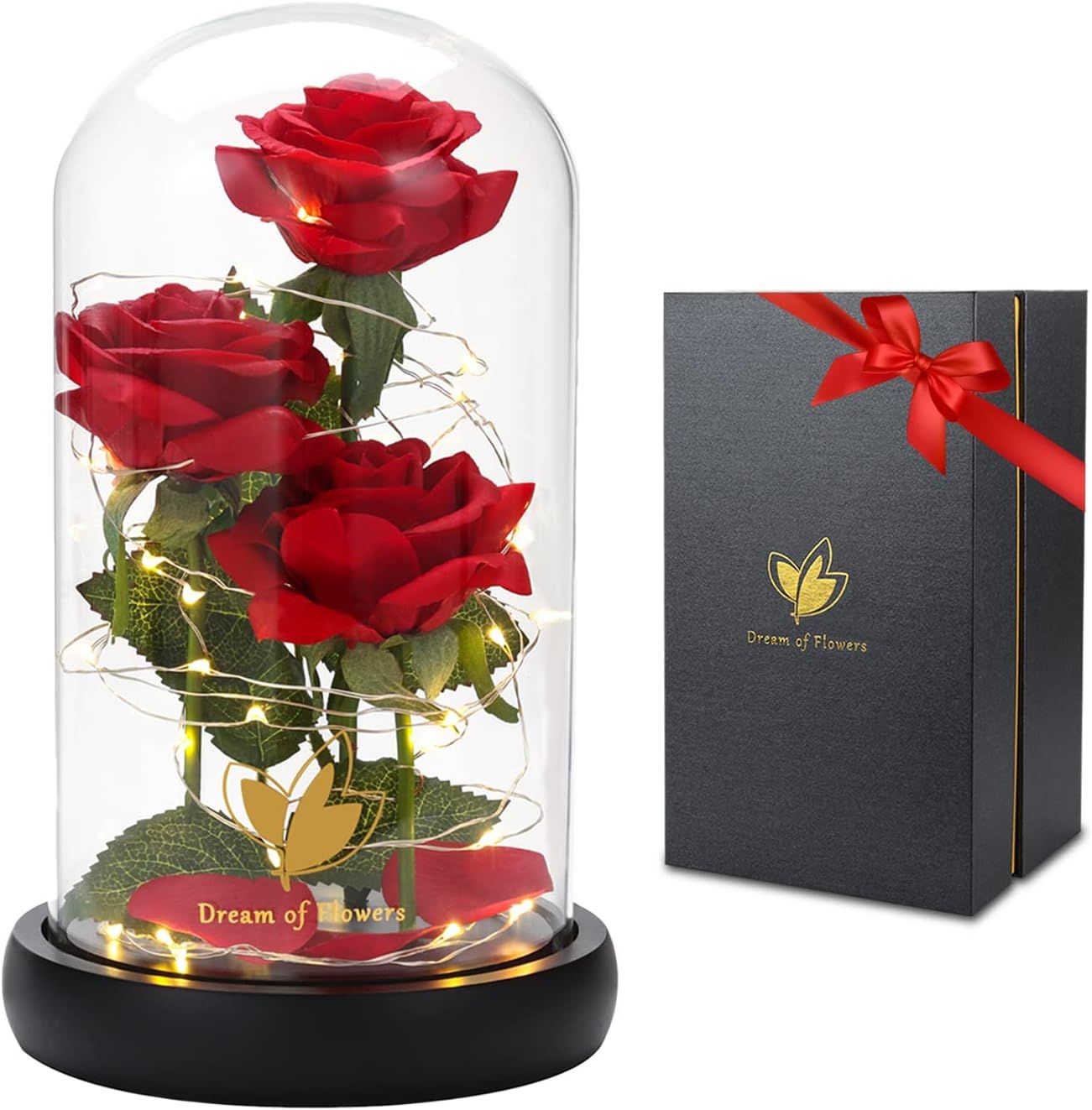 Valentines Day Gifts for Her,Valentines Decor Beauty and The Beast Rose Flowers with 40 LED Lights Rose in Glass Dome,Enchanted Rose Valentines Flowers Birthday Gifts for Women Girlfriend Mom Wife
