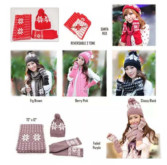 Snow Angel 3 pc XMas Set of Scarf; Hat And Gloves In 2 Tones