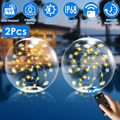 2Pcs Floating Pool Lights 14in Solar Powered Pool Balls IP68 Waterproof Inflatable Pool Decoration Lights with Remote Control 3 Light Modes Timer Adjustable Brightness