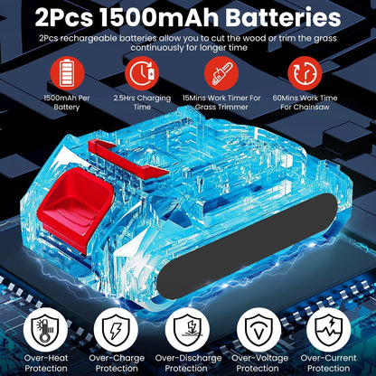 3-in-1 Cordless Electric Pole Saw & Mini Chainsaw & Grass Trimmer Kit with Adjustable Length 2Pcs 21V 1500mAh Batteries 4in/6in Chains Saw Blade 5Pcs Plastic Blades