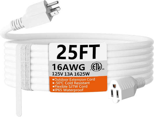 25 FT 16 Gauge White Indoor Outdoor Extension Cord Waterproof, Flexible Cold Weather 3 Prong Electric Cord Outside, 13A 1625W 125V 16AWG SJTW, ETL Listed