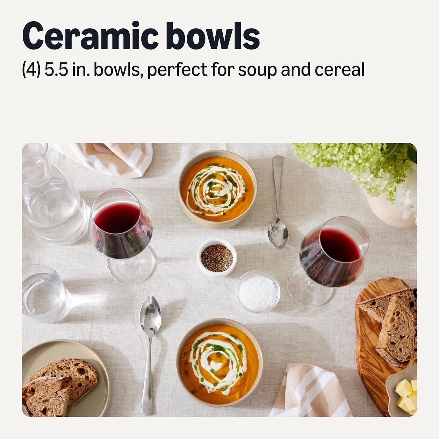 Basics Glazed Stoneware Bowls, 4-Piece Set, Microwave and Dishwasher-Safe, 5.5 in., Linen Gray