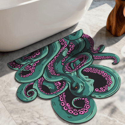 Green And Purple Cthulhu Rugs Water Absorbent Bath Mat Octopus Anime Rug Graphic Gothic Bathroom Rugs Fantasy Decorate, Non Slip Backing, Unique Gift & Decor for Gamers, 27x18 in