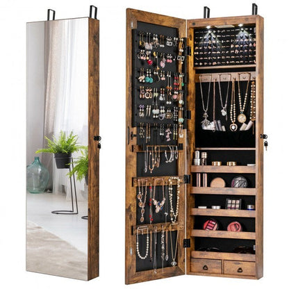 Wall and Door Mounted Mirrored Jewelry Cabinet with Lights
