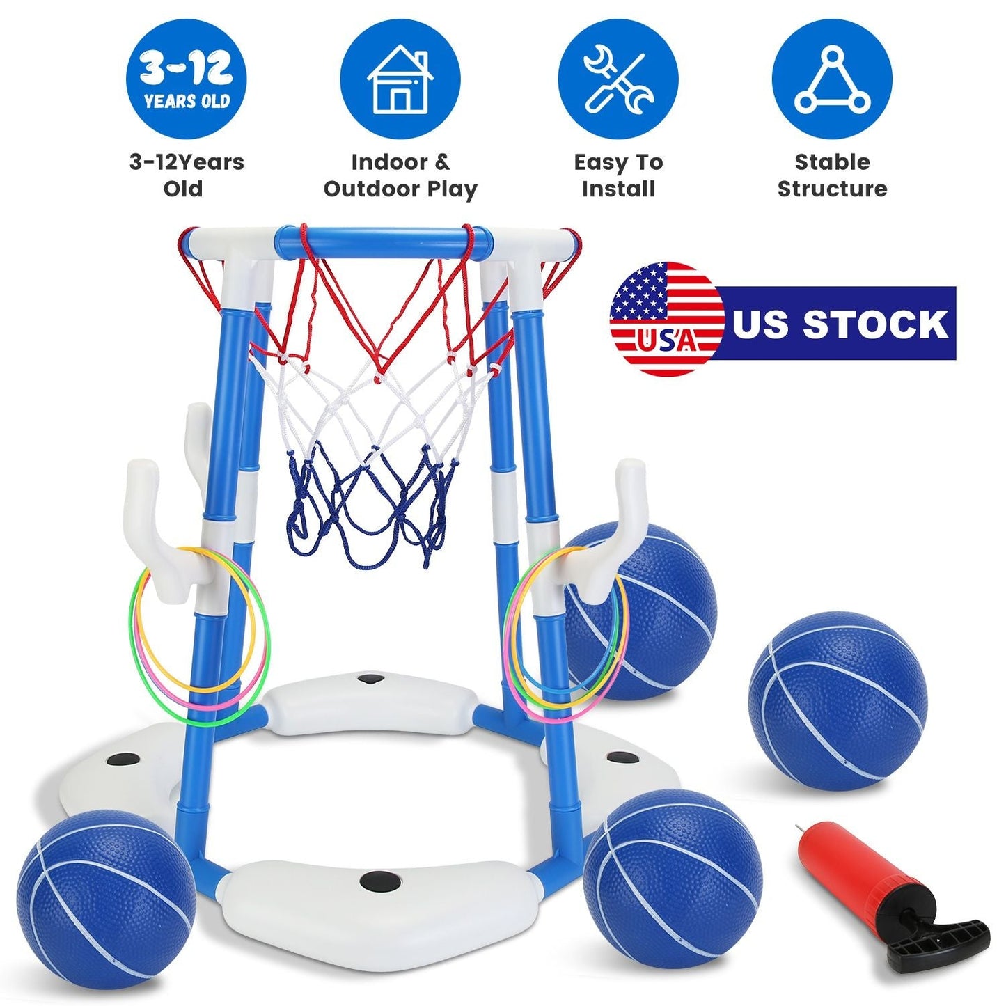 Summer Pool Basketball Hoop Toy Set With 4 Basketballs 4 Circles Pump Floating Swimming Pool Basketball Games Poolside Water Play Toy For 3-12Years Old Kids Adults