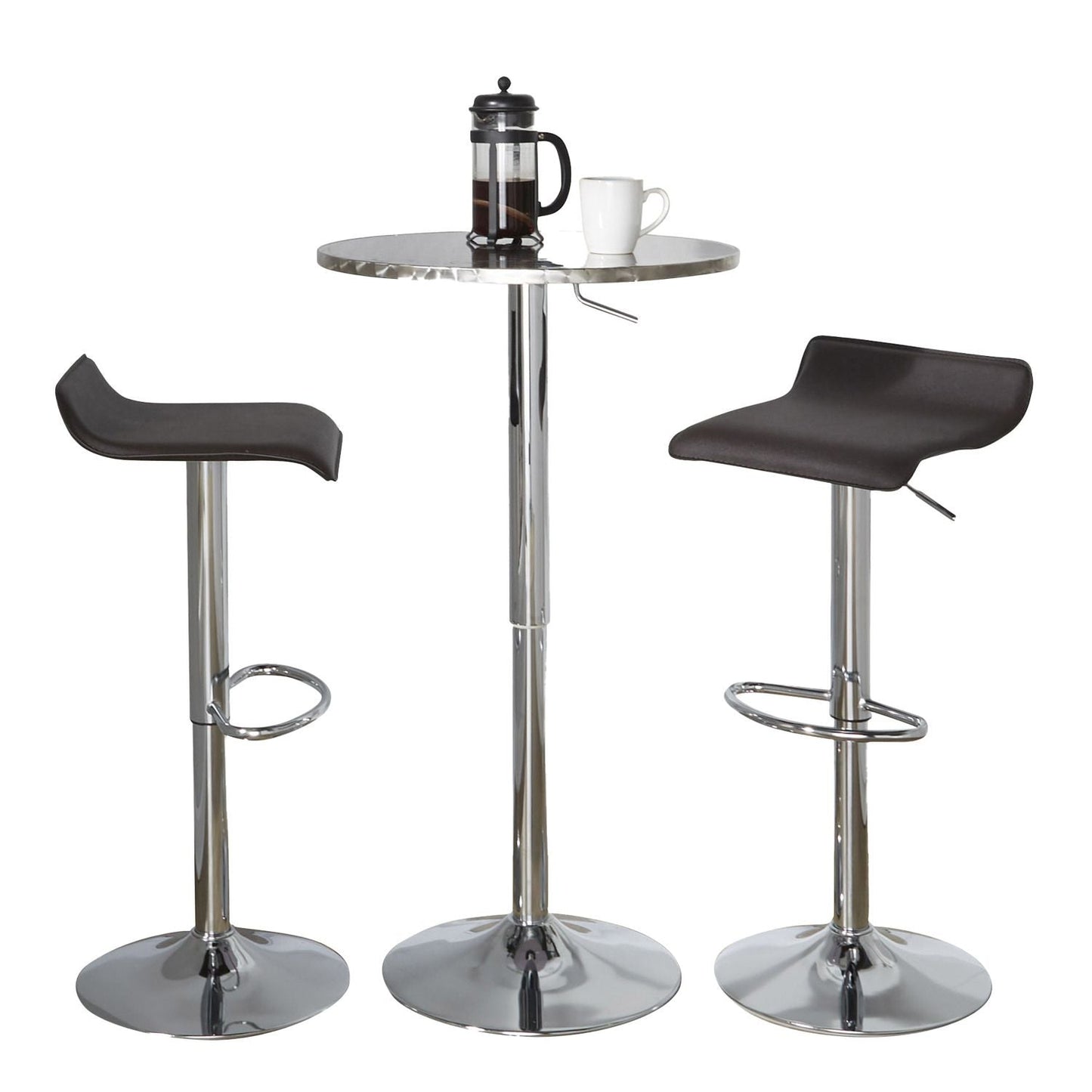 Bistro Round-Ale Contemporary Adjustable Bar Set in Silver and Chrome Metal with Brown PVC and Oval Footrest by - 3 Piece