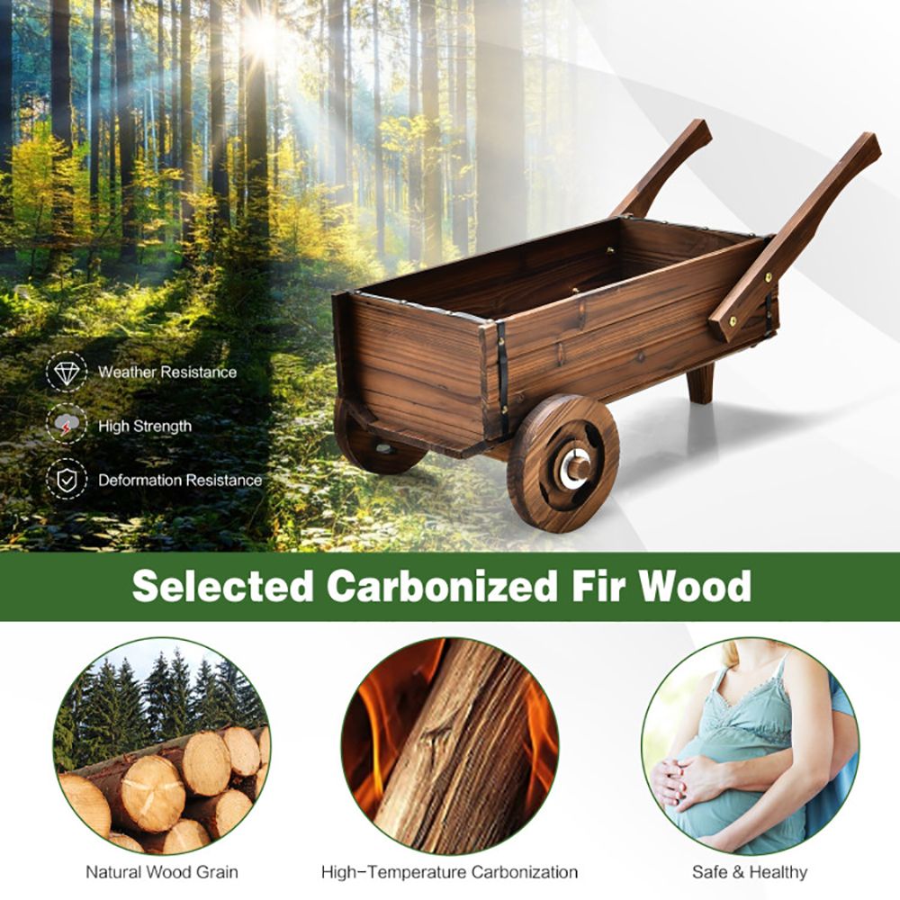 Wooden Wagon Planter Box with Wheels Handles and Drainage Hole
