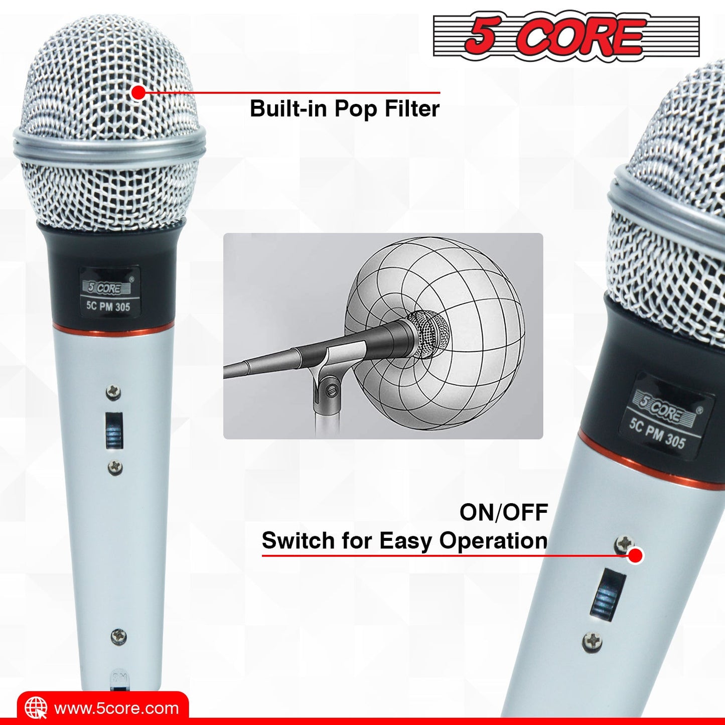 5 Core Microphone Wired Dynamic Vocal Handheld Mic Cardioid Karaoke Unidirectional Microfono w On and Off Switch Includes XLR Audio Cable for Singing, Public Speaking & Parties PM 305