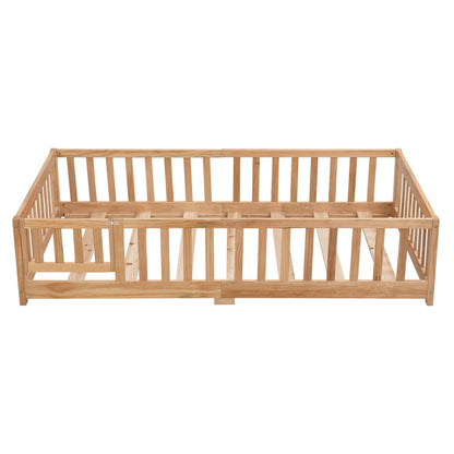 Full Size Floor Bed with Door, Solid Wood Platform Bed Frame with Fence, Suitable for children, Pine Wood
