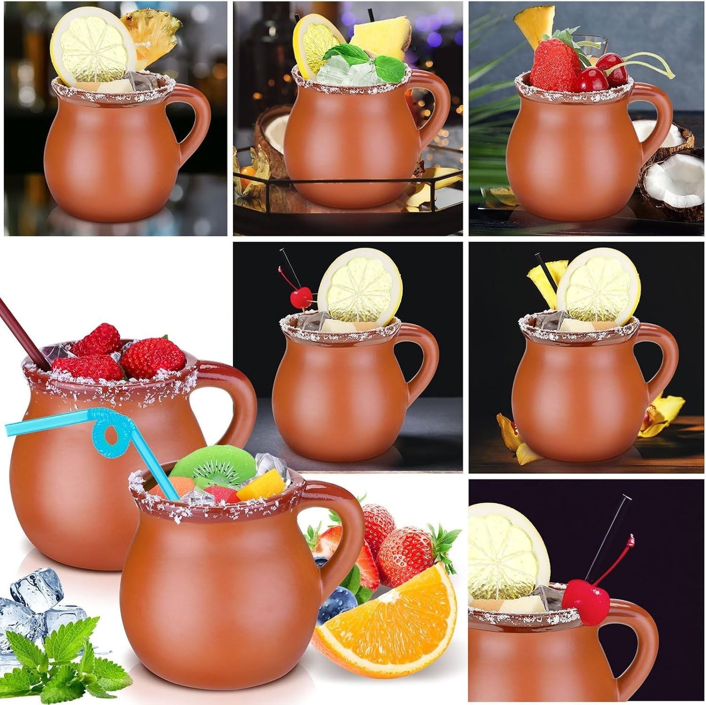 Pack of 12 12 oz Cantaritos De Barro Clay Cups Mexican Clay Mugs Fiesta De Barro Mexicanos Coffee Mugs, Cocktail Glasses and Tea Cups for Tequila, Margaritas, Mojitos Cold Hot Drinks (Brick Red)